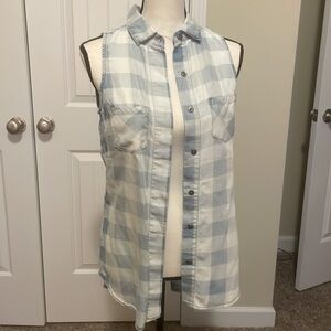 plaid denim button down open vest